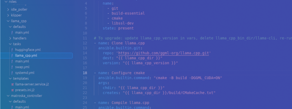 Screenshot showing part of an Ansible playbook for downloading and compiling llama.cpp. As the image is decorative, only part of the playbook is shown, and it is overlaid with a purple-blue gradient.