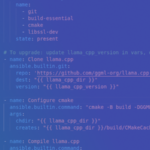 Screenshot showing part of an Ansible playbook for downloading and compiling llama.cpp. As the image is decorative, only part of the playbook is shown, and it is overlaid with a purple-blue gradient.